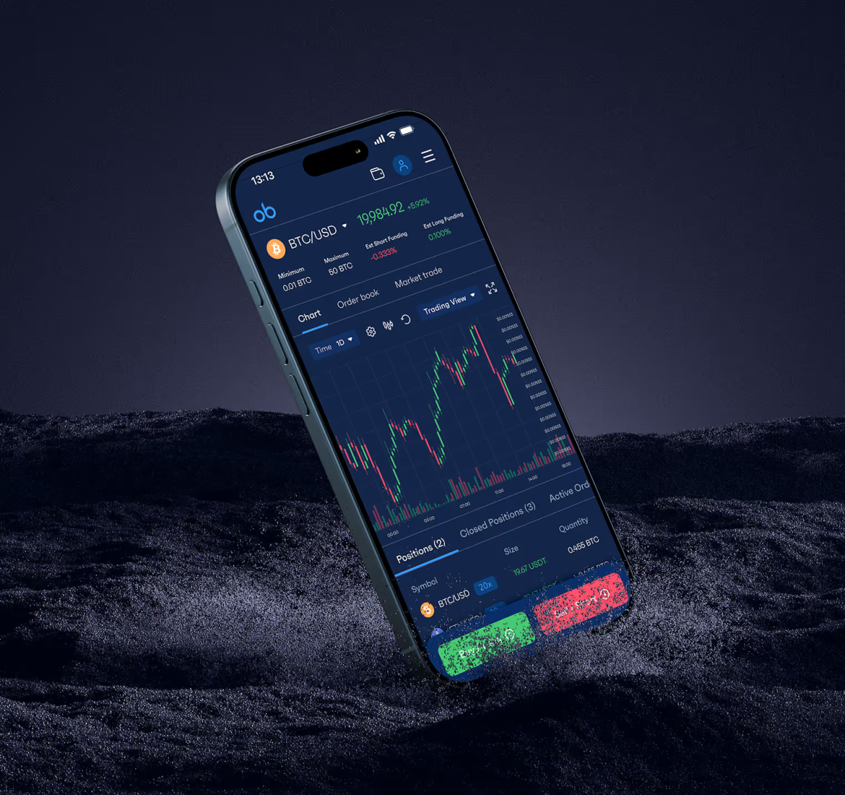 Trading app screens with portfolio and market views
