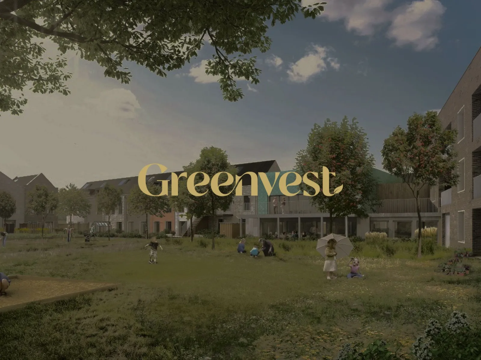 Greenvest wordmark over a green community development