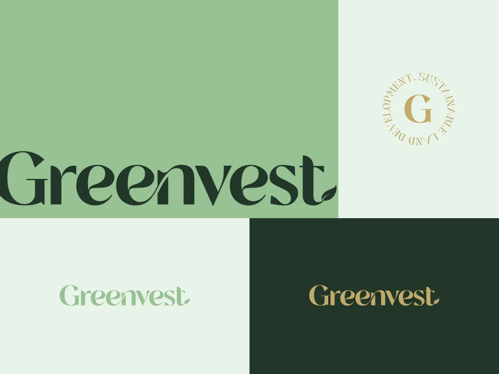 Greenvest logo versions in deep green, landscape green and gold