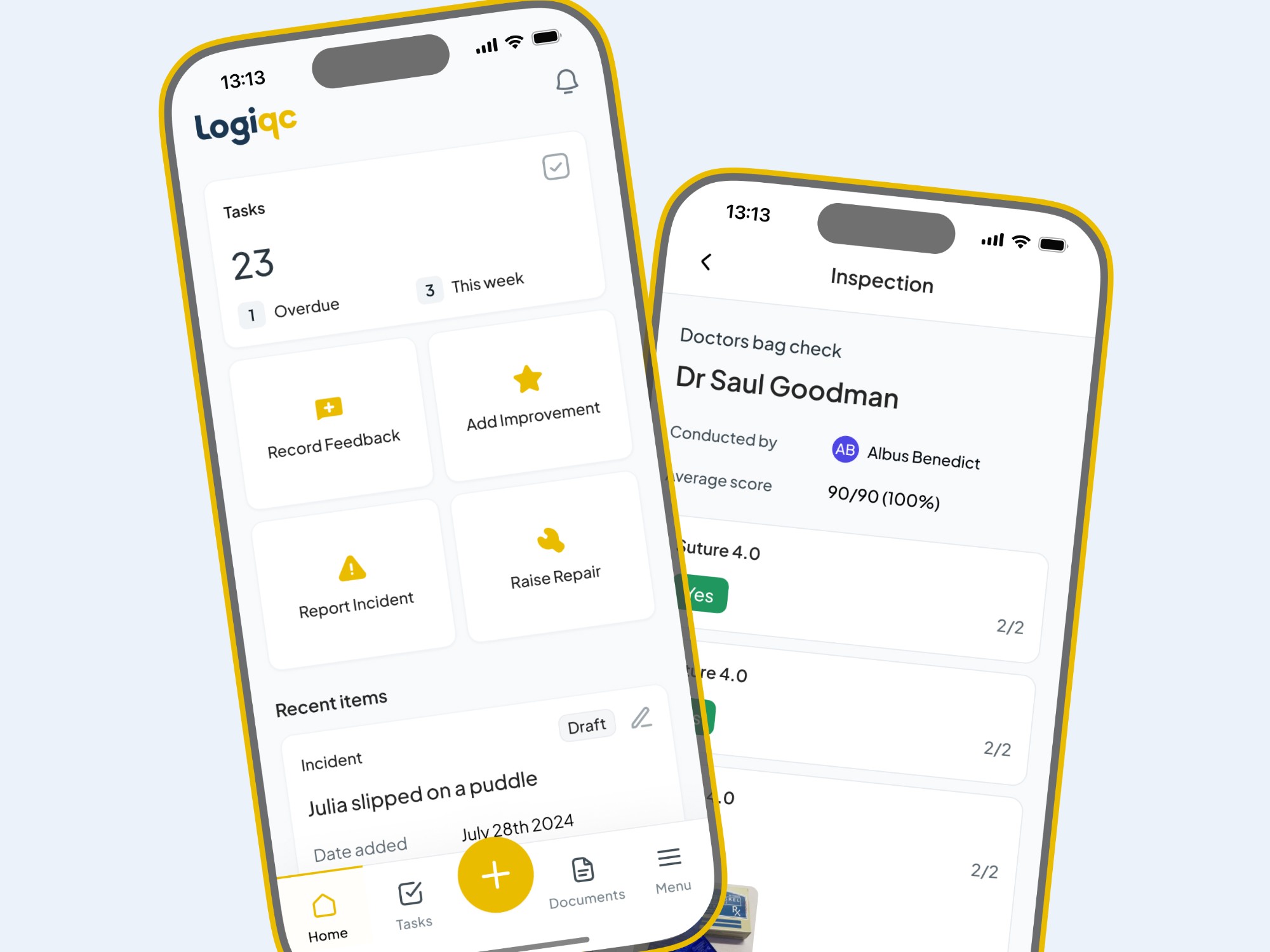 Logiqc mobile app screens for recording feedback and incidents