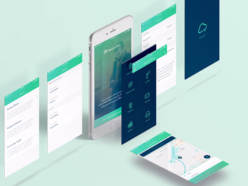 Isometric layout of a field data app's screens and map