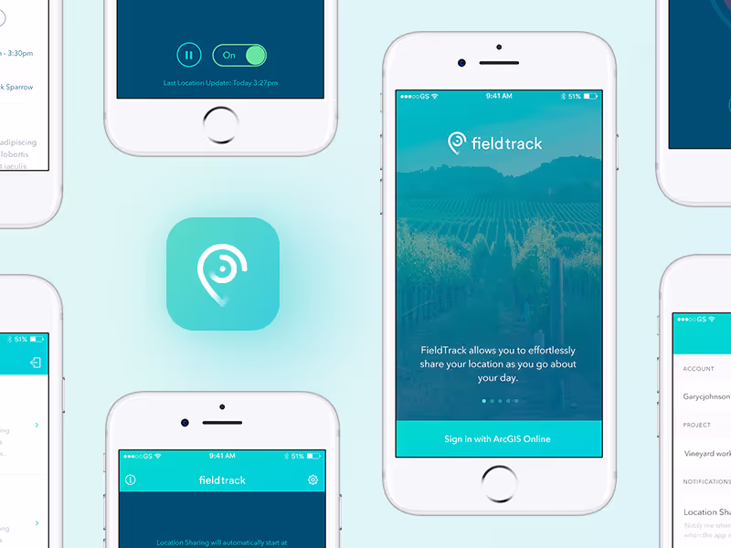 FieldTrack onboarding and settings screens around its app icon