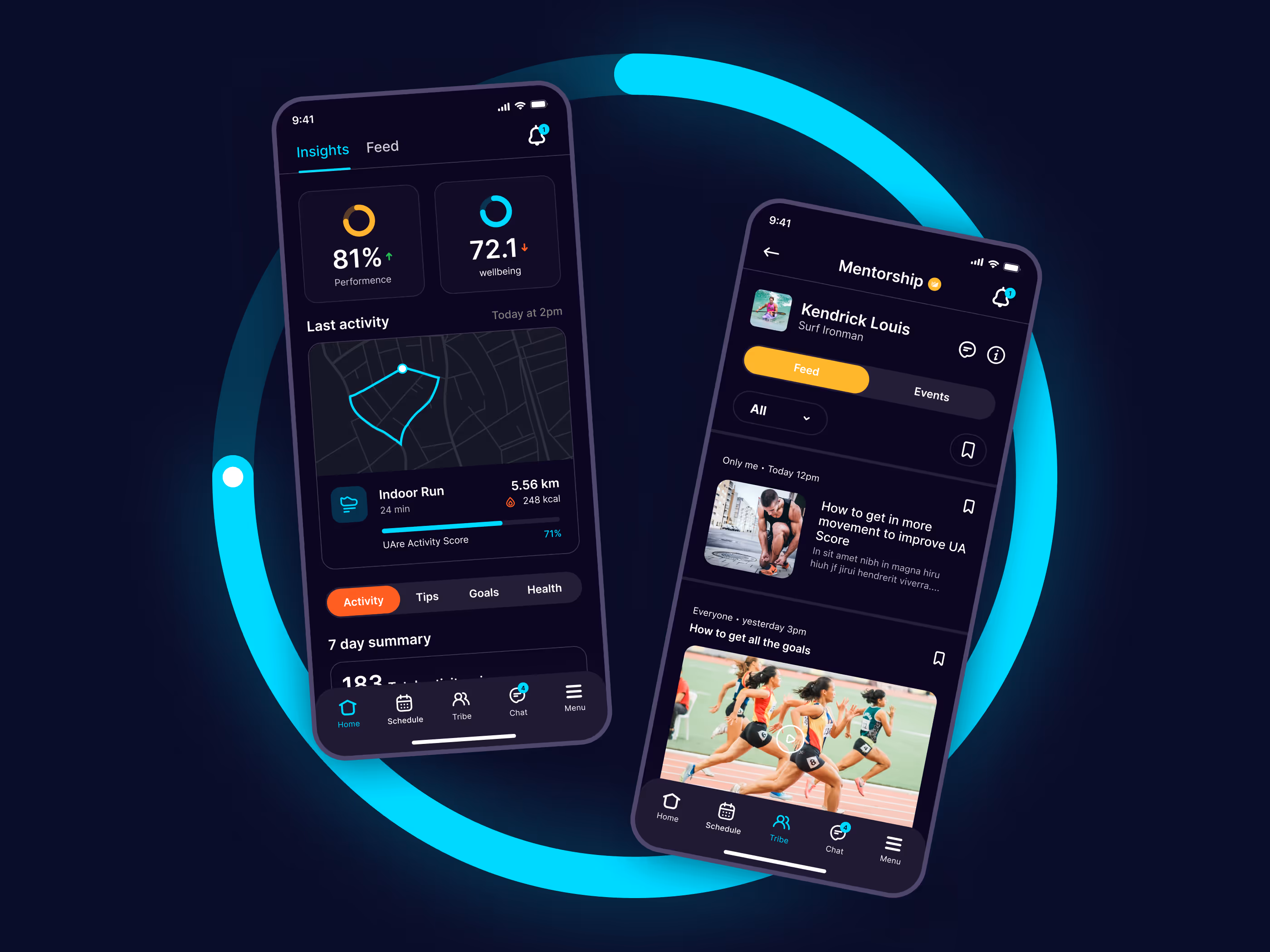 Insights and mentorship screens inside a glowing ring
