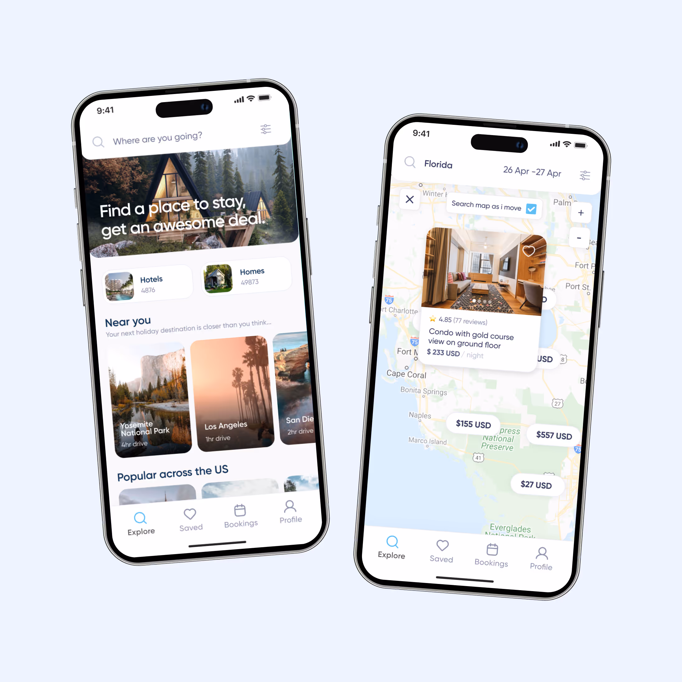 got2go app explore and map screens on two phones