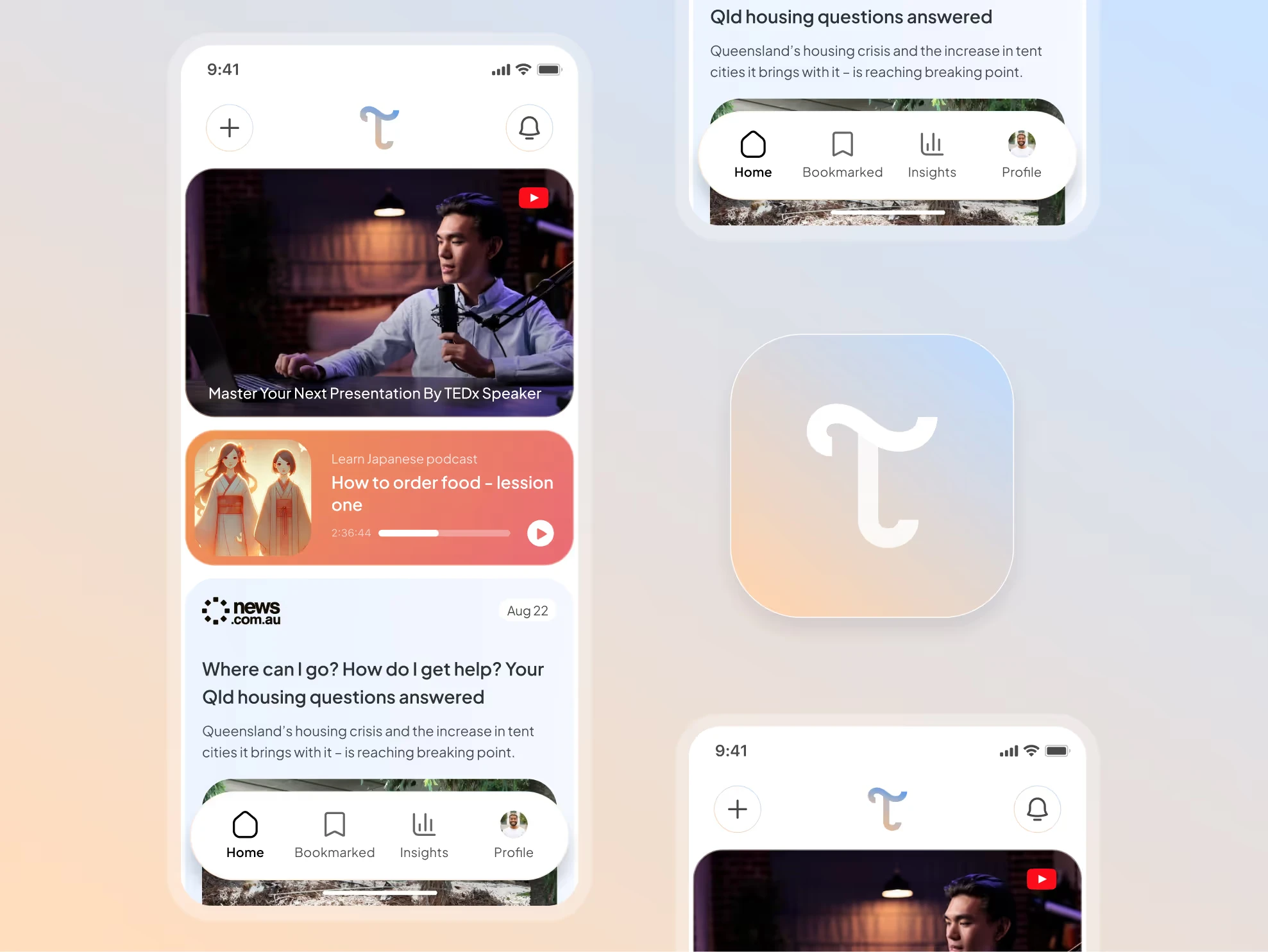 News and learning app home feed with a video lesson, a podcast card and a news story, beside its app icon