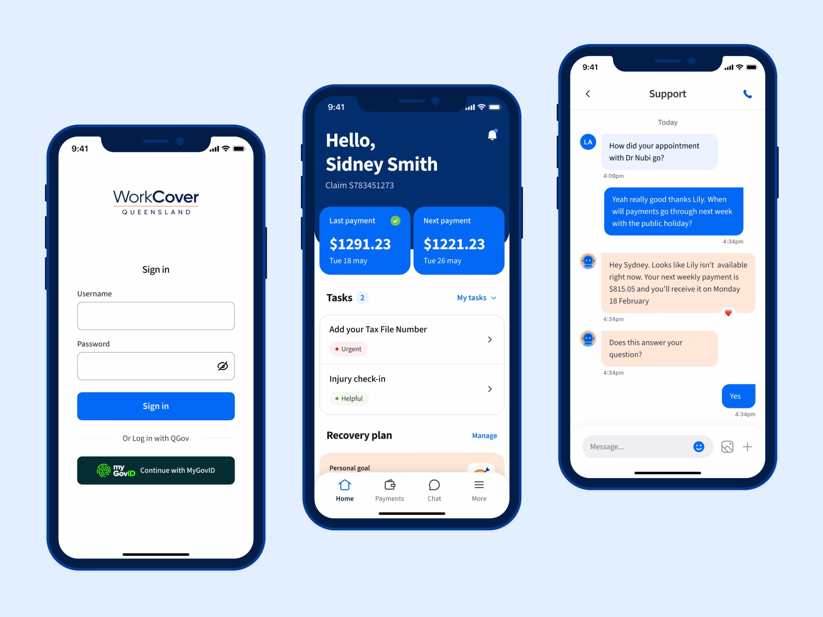 WorkCover app sign-in, claim overview and support chat screens