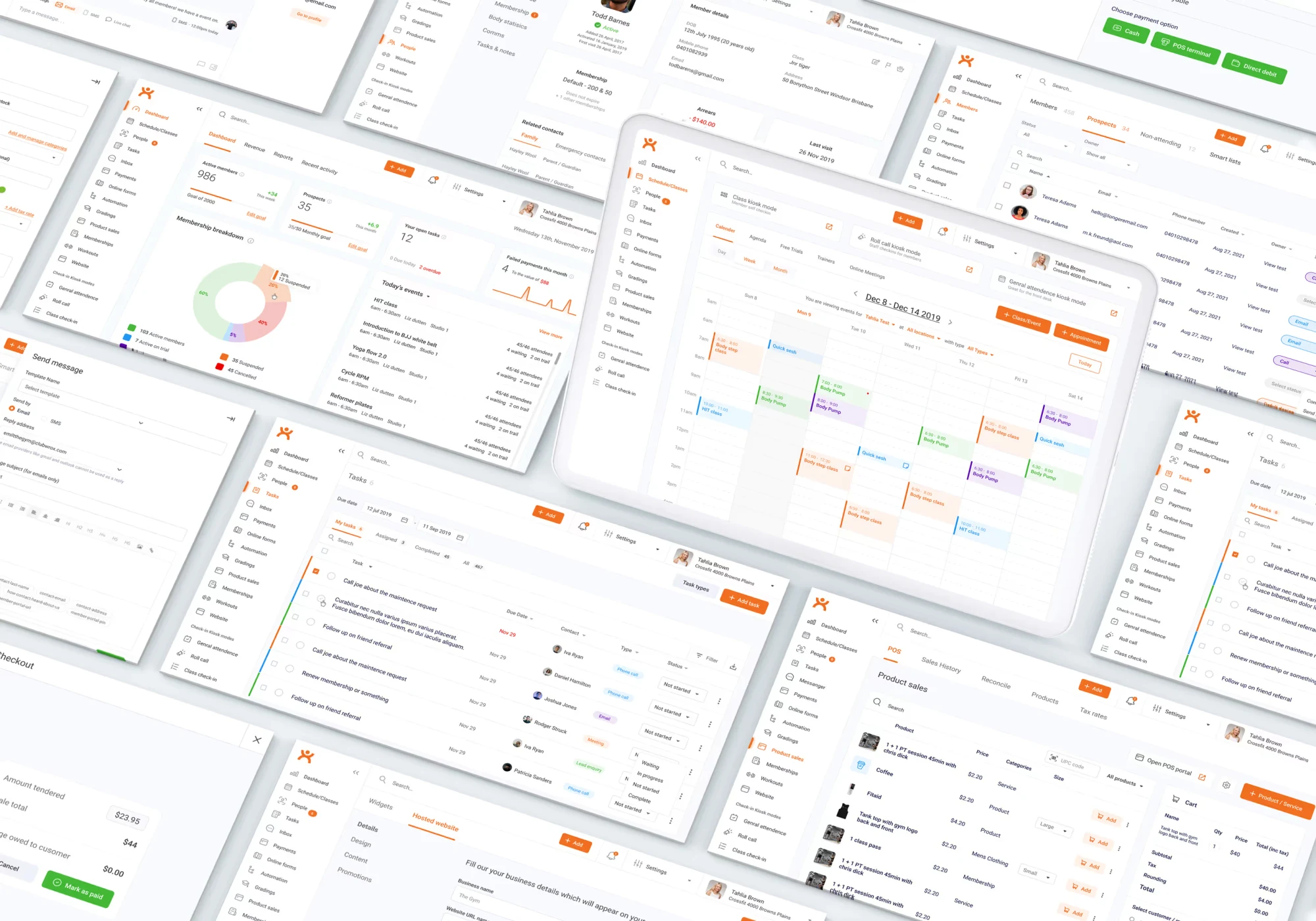 Clubworx gym management screens laid out in perspective