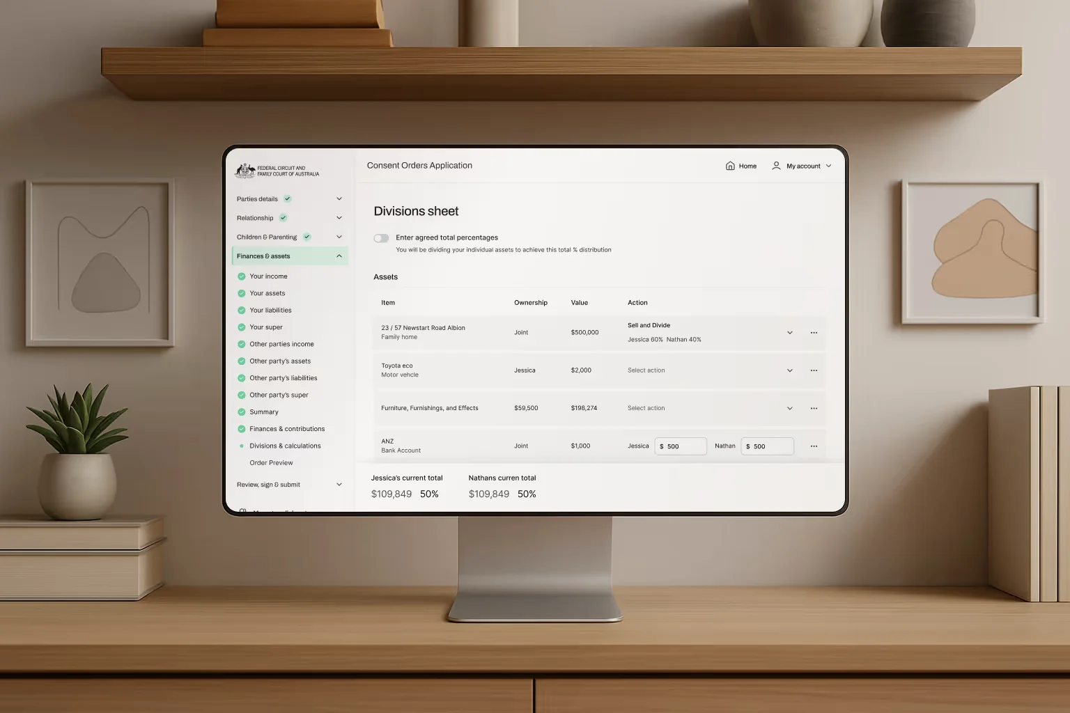 Court application form on a desktop screen in a home office