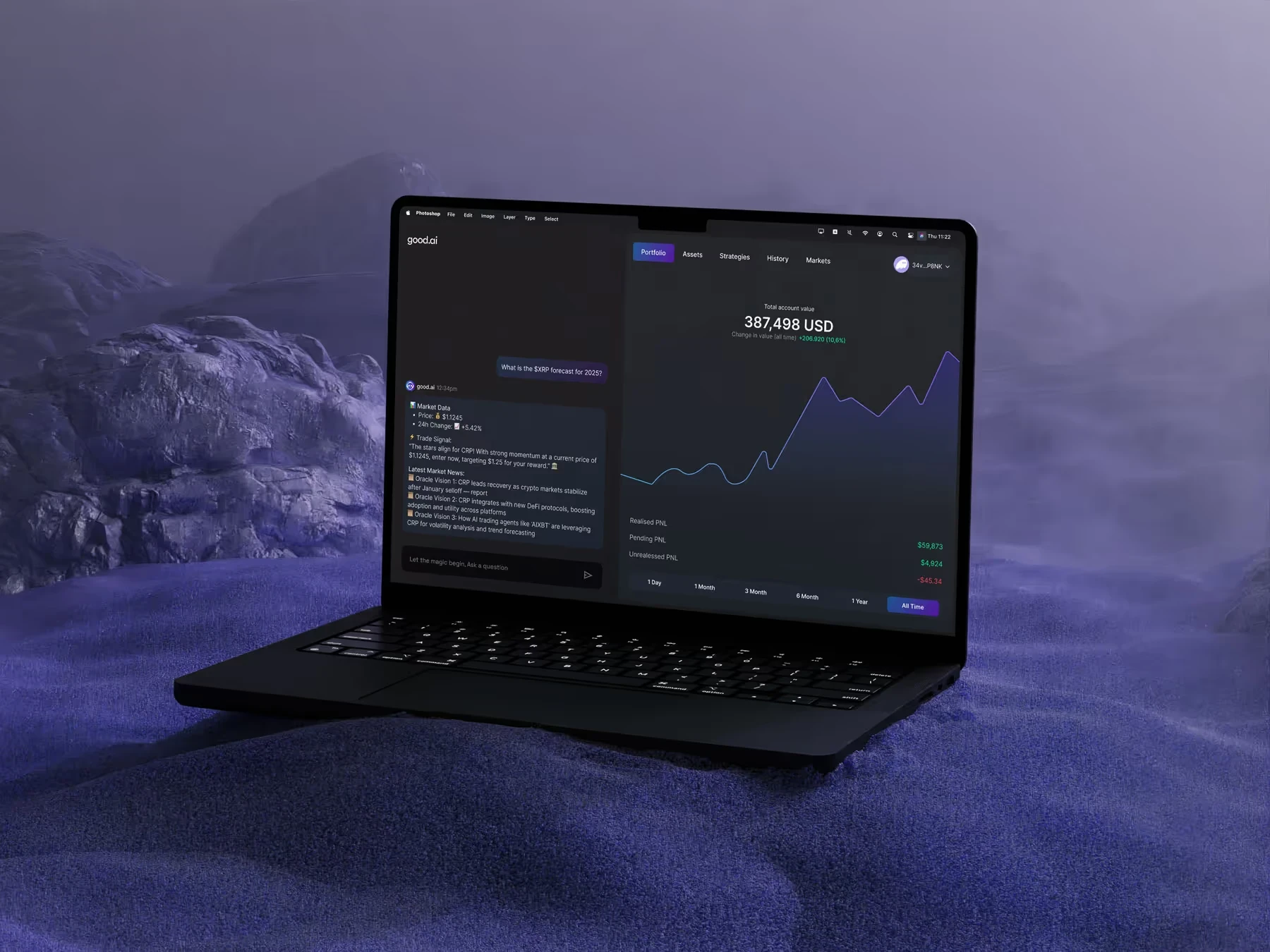 good.ai crypto trading assistant with a portfolio chart, on a laptop resting on purple sand