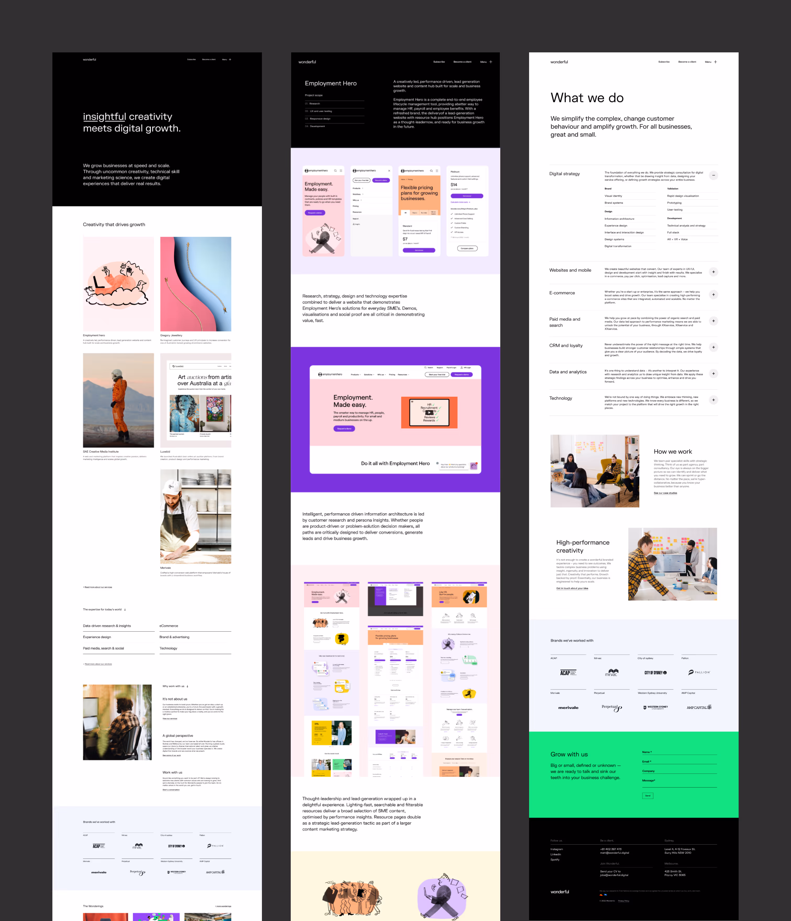 Three full-length agency website page designs