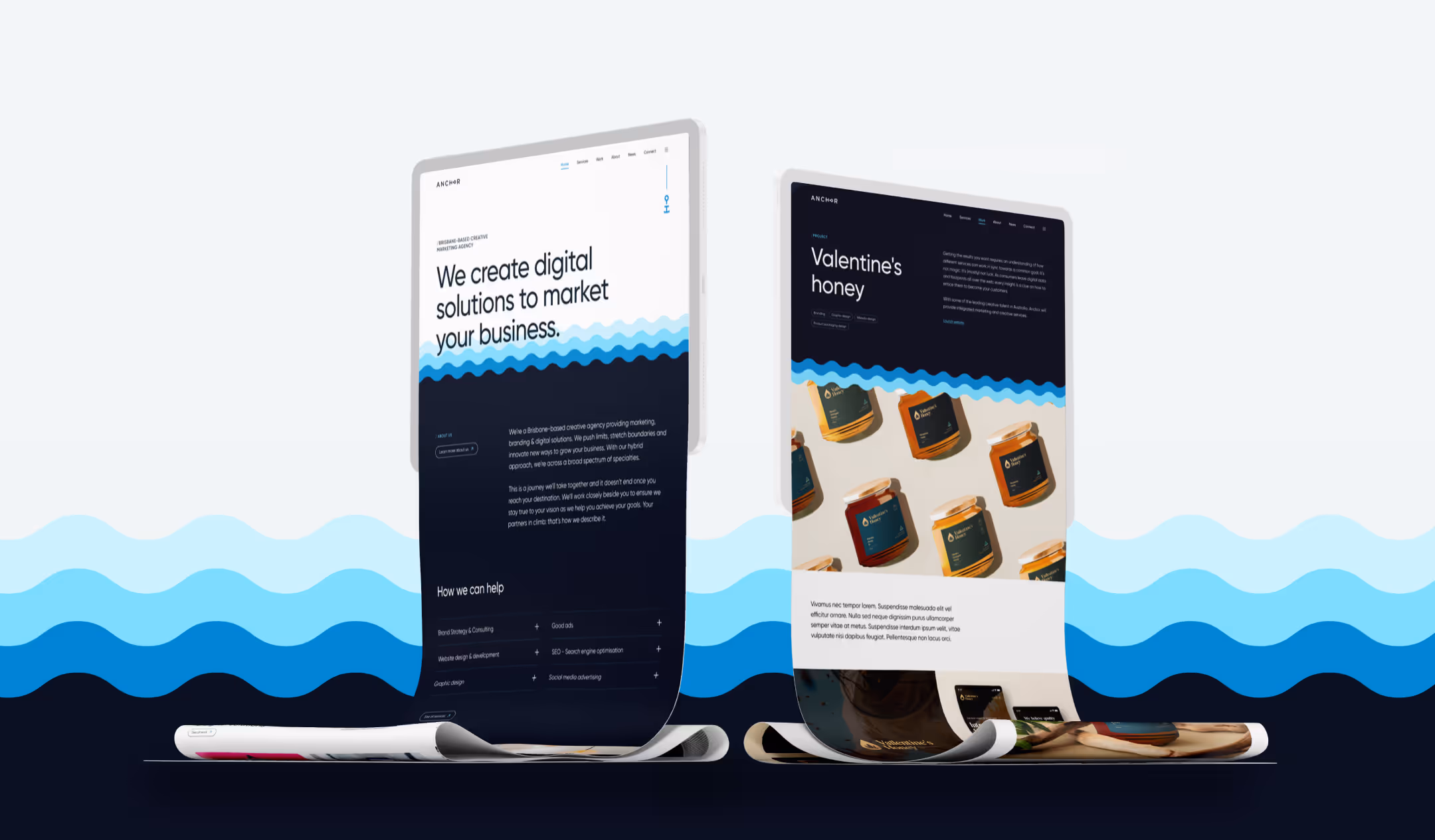 Agency website on two displays above a wave pattern
