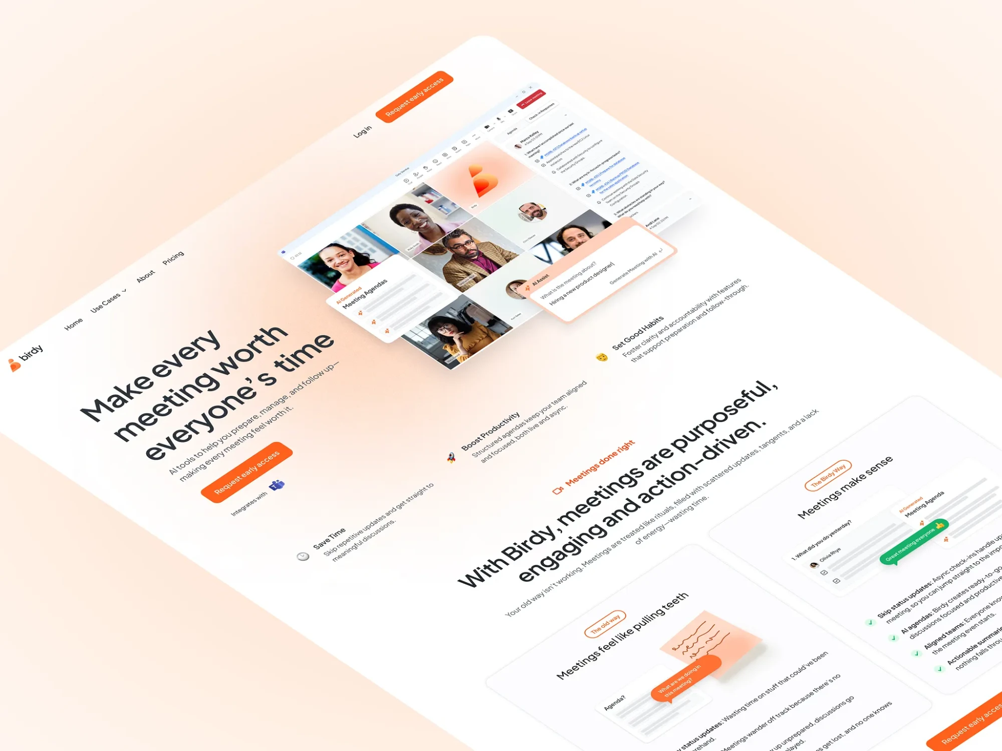 Birdy marketing website shown at an angle, with its meeting video grid and AI agenda features