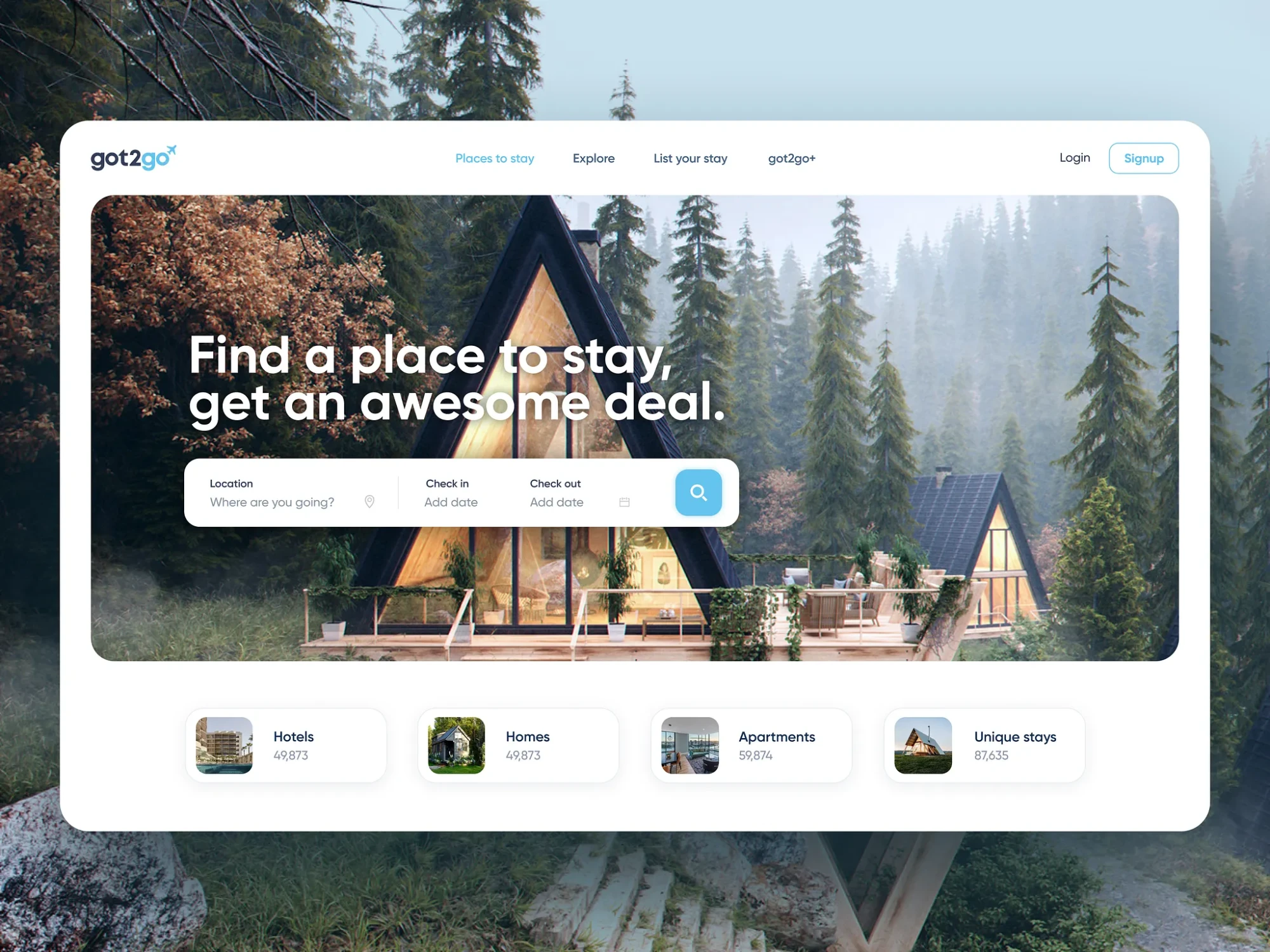 got2go homepage with a forest A-frame cabin, a search bar and stay categories