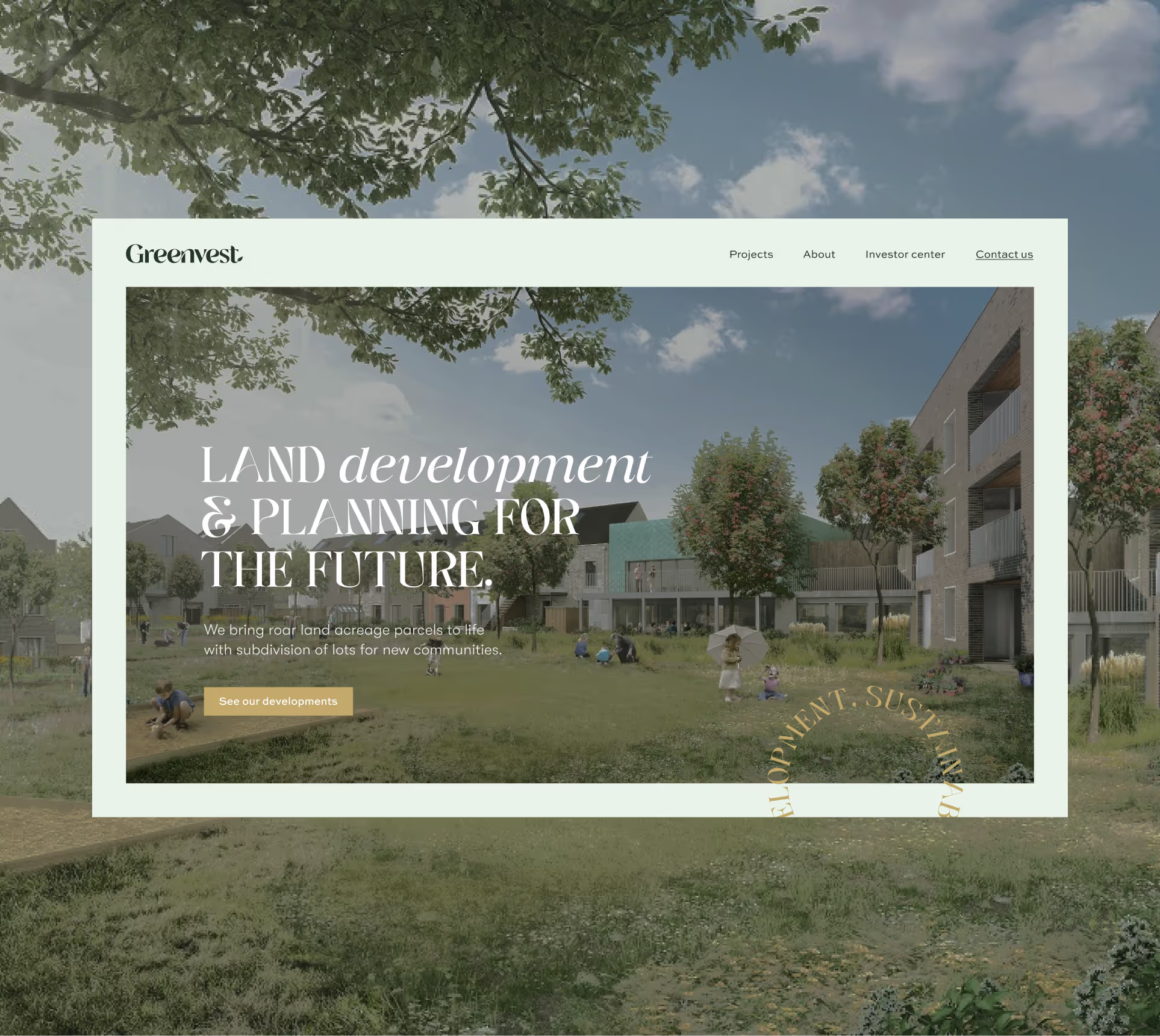 Greenvest homepage over a green community development
