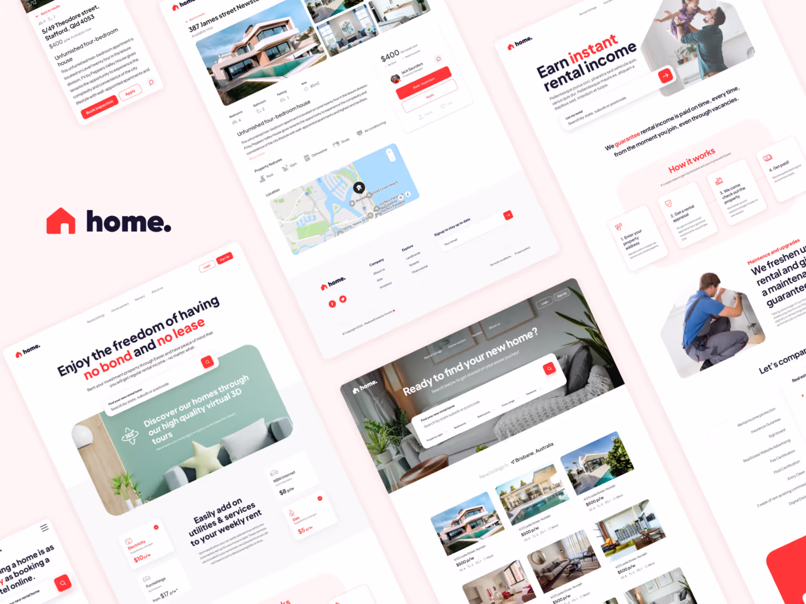 home. rental website pages laid out at an angle