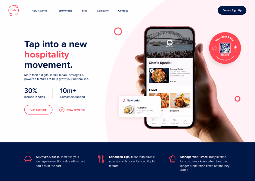 me&u landing page with a phone showing a restaurant menu