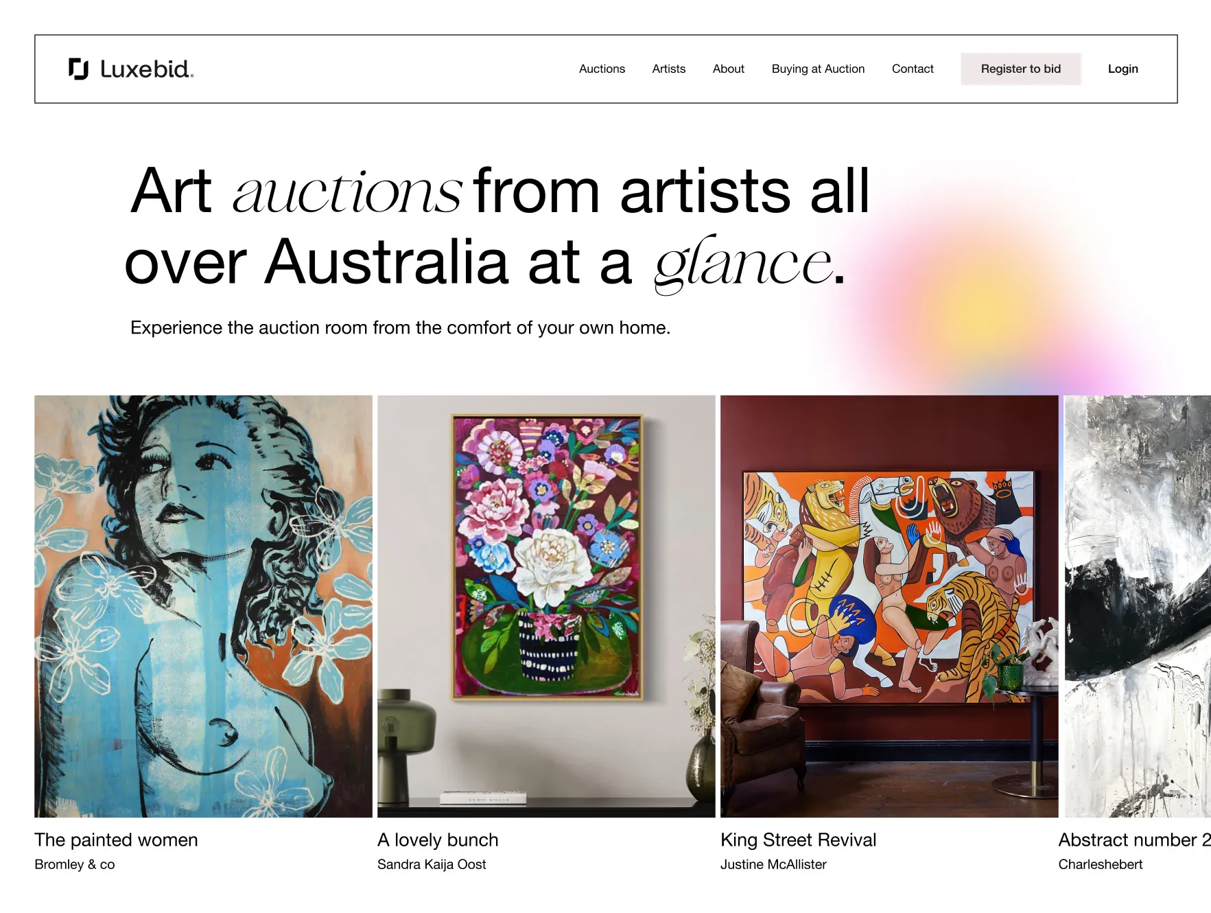 Luxebid homepage with artworks up for auction