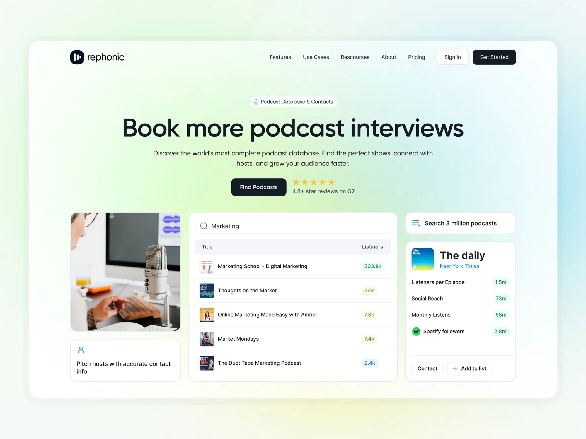 Rephonic homepage for booking podcast interviews, with a podcast search table and show stats