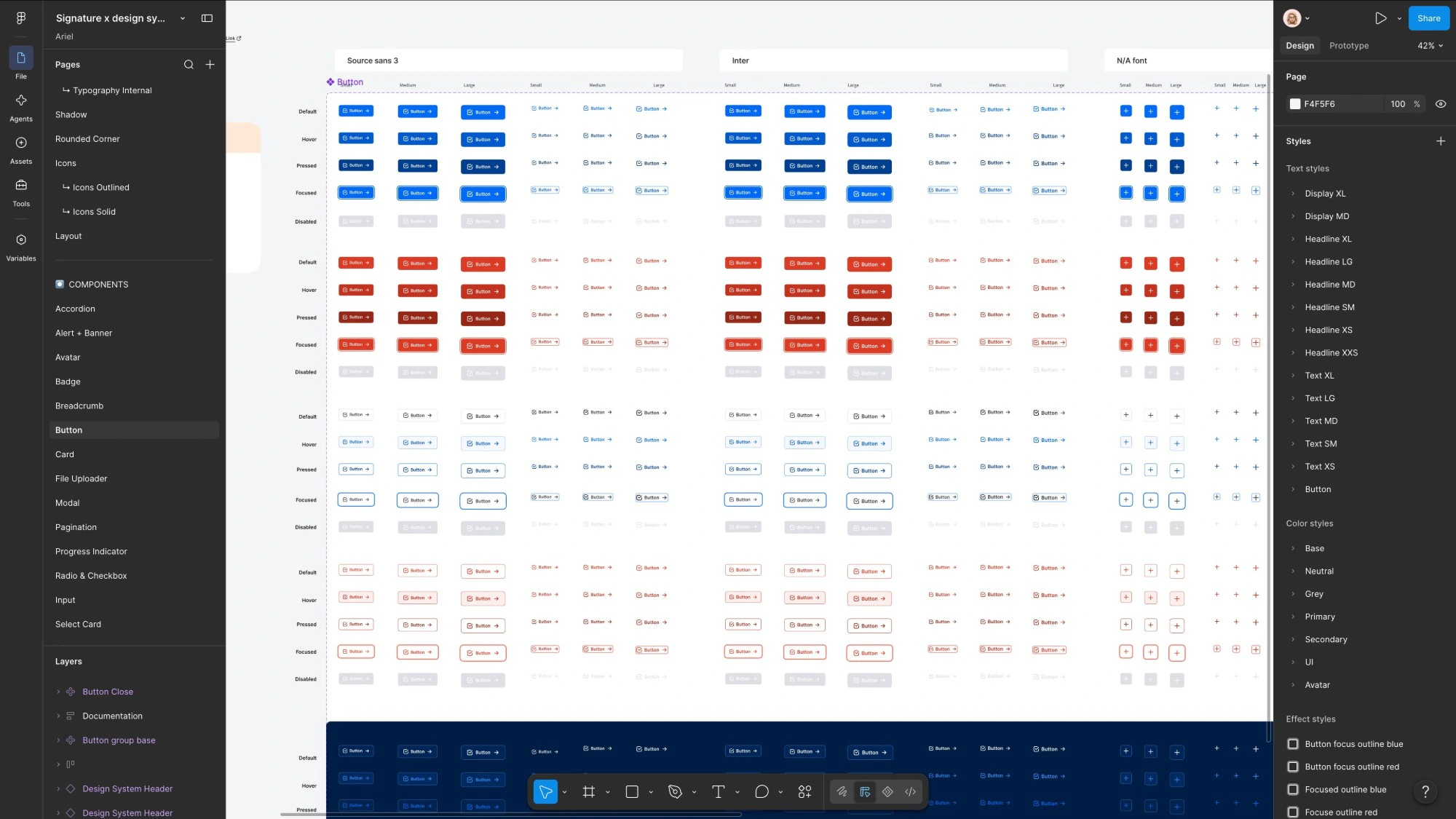 Figma button component with variants and states