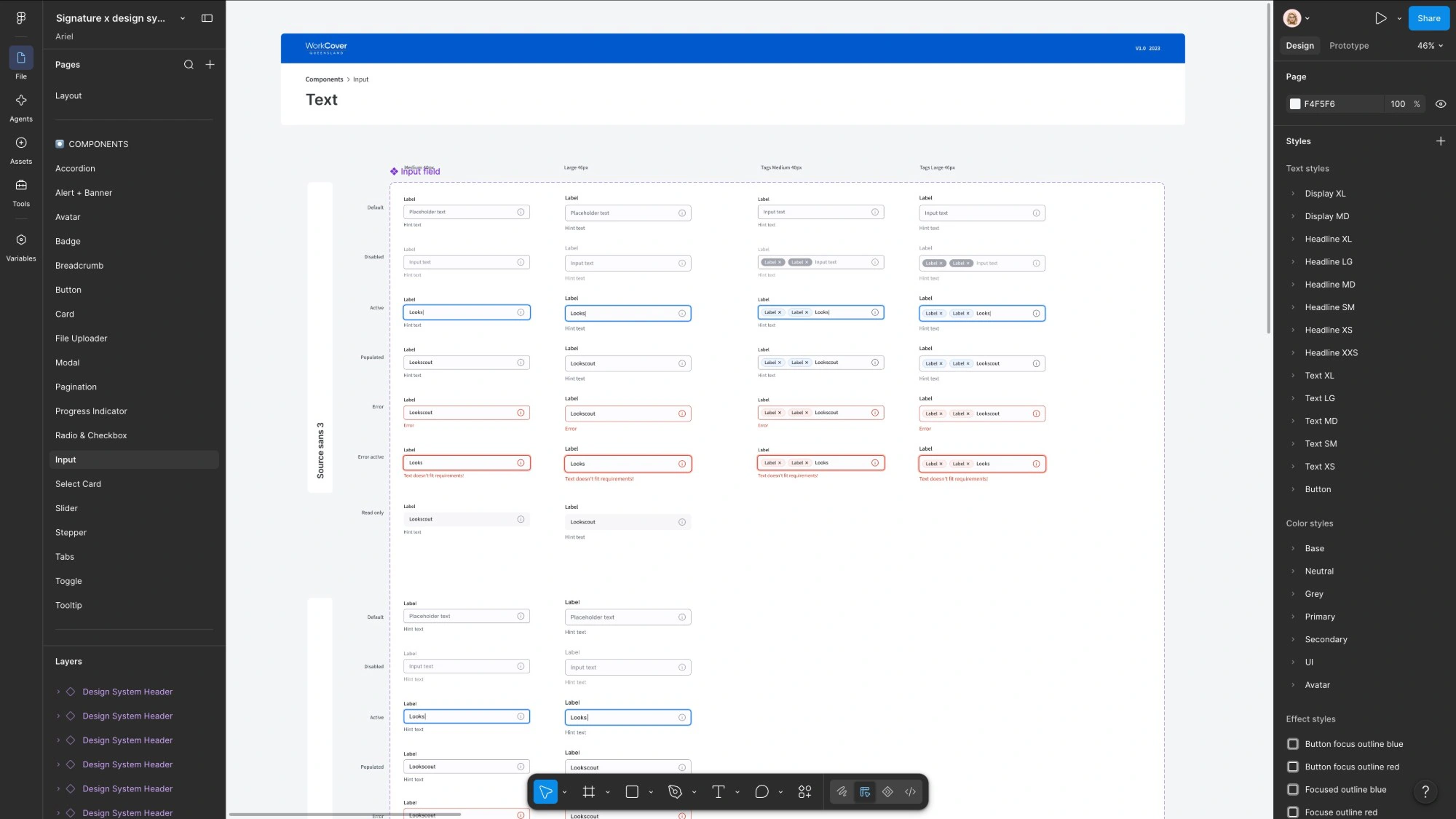 Figma input components with labels, help text and error states